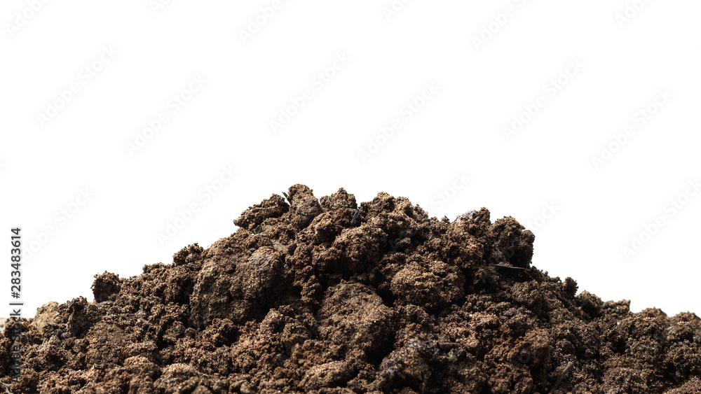 Pile of soil isolated on pure white background with ground suitable for growing plants or gardening. Natural soil piles filled with good minerals or natural pH. Pile of soil isolated on pure white background with ground suitable for growing plants or gardening. Natural soil piles filled with good minerals or natural pH.