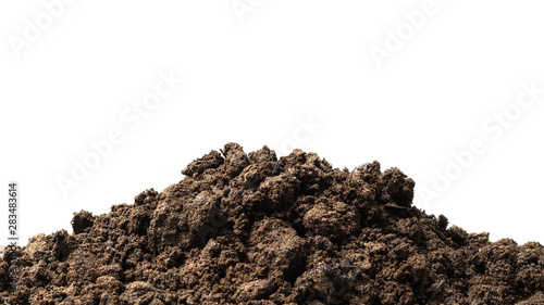 Pile of soil isolated on pure white background with ground suitable for growing plants or gardening. Natural soil piles filled with good minerals or natural pH.