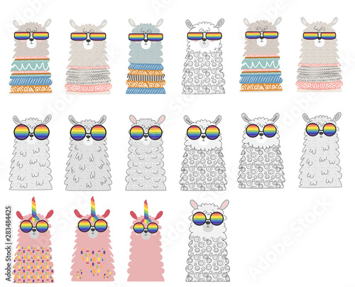 Lama in the Scandinavian style, fashionable, cool, in rainbow glasses. LGBT freedom concept.