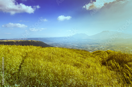 Japanese plateau. Aso plateau hill s view.