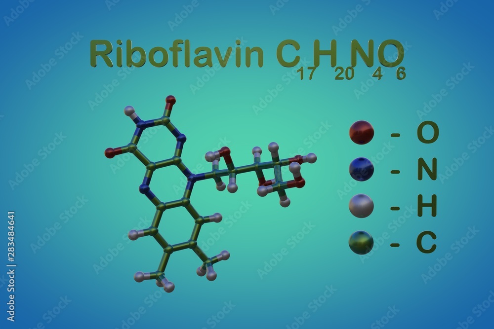 Structural chemical formula and molecular model of riboflavin or