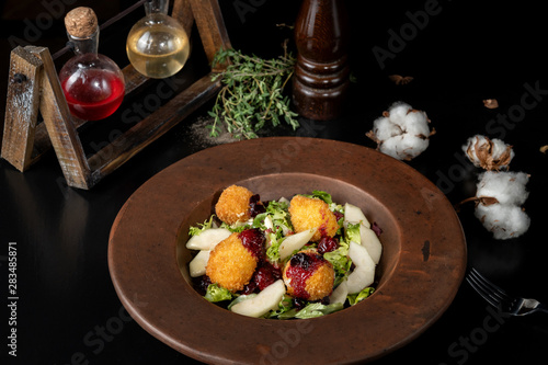 Tasty Homemade Cheese Donuts Jam, poured with pear and salad-2.