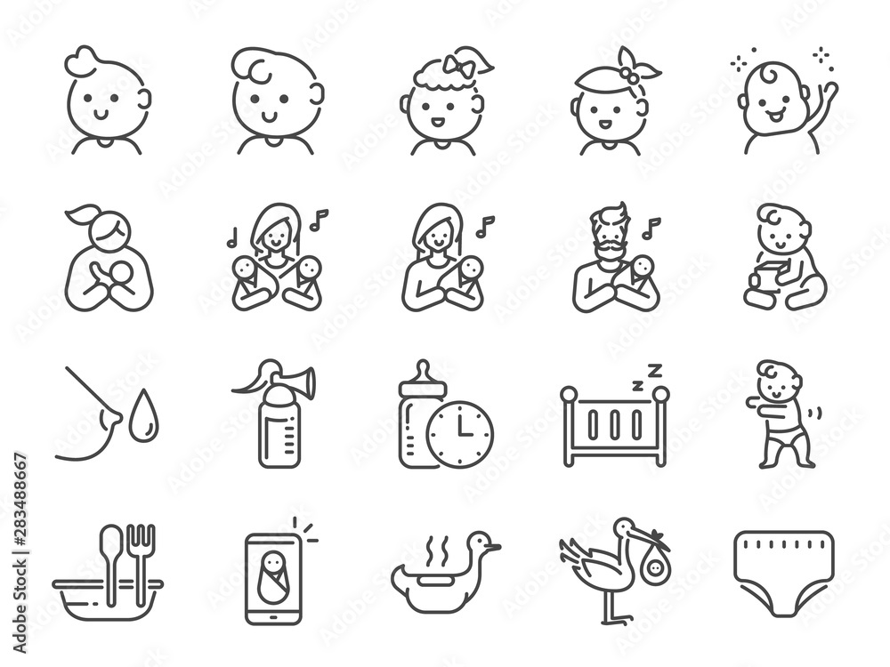 Baby icon set. Included icons as newborn, infant, kid, children, parent and more.