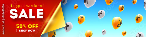 Long banner with biggest weekend Sale. Special discount and offer. Yellow balloons flying in blue sky with sign of percent. Vector 3d illustration. Design for discounts actions in shop and markets.