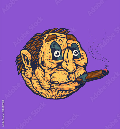Elderly round emoticon with a big cigar in his mouth. Drawing Style. Vector illustration.