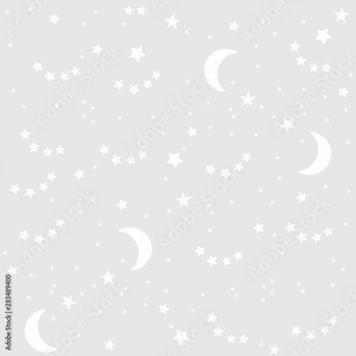Night sky background with moon and stars. Vector seamless texture. Grey background with flat white stars and moon
