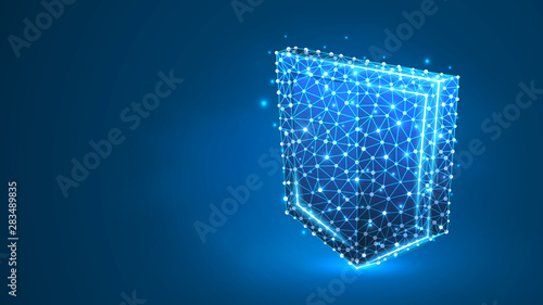 Security shield. Data protection, information safety, business defense concept. Abstract, digital, wireframe, low poly mesh, vector blue neon 3d illustration Triangle, line, dot