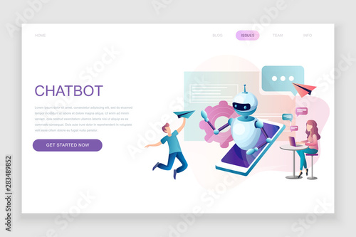 Modern flat web page design template concept of Chat Bot and Marketing decorated people character for website and mobile website development. Flat landing page template. Vector illustration.