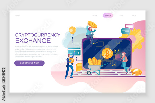 Modern flat web page design template concept of Cryptocurrency Exchange decorated people character for website and mobile website development. Flat landing page template. Vector illustration.