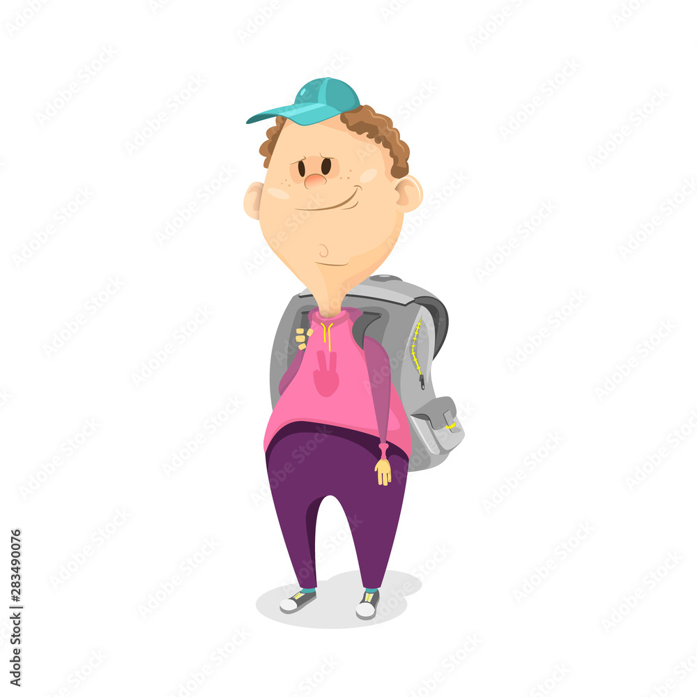 vector illustration. back to school, a chubby schoolboy in a cap with a big briefcase. boy with a backpack.