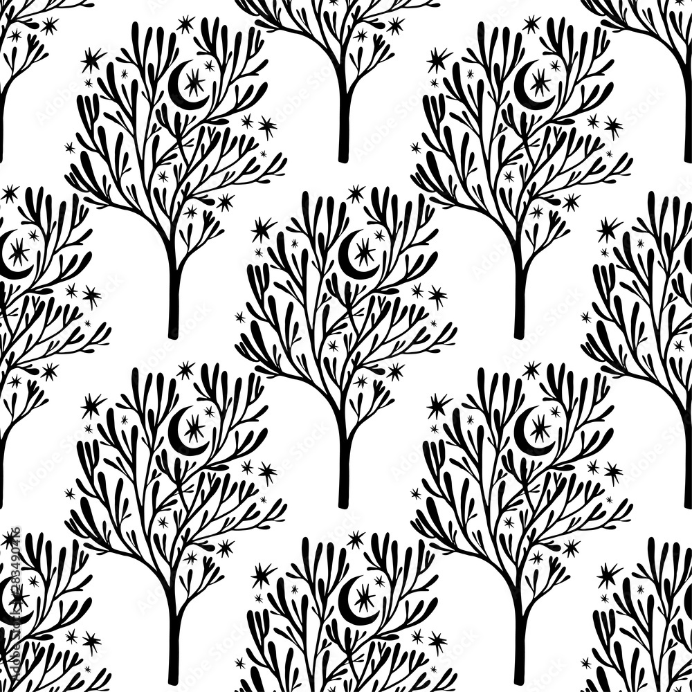Nature seamless pattern background with forest trees, stars, moon.