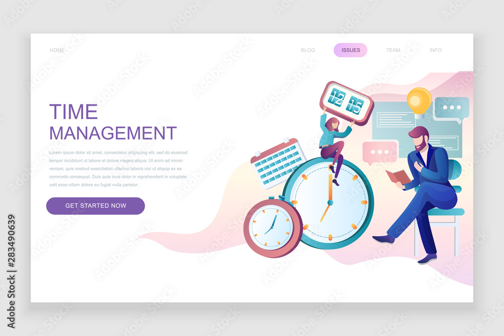 Fototapeta premium Modern flat web page design template concept of Time Management decorated people character for website and mobile website development. Flat landing page template. Vector illustration.