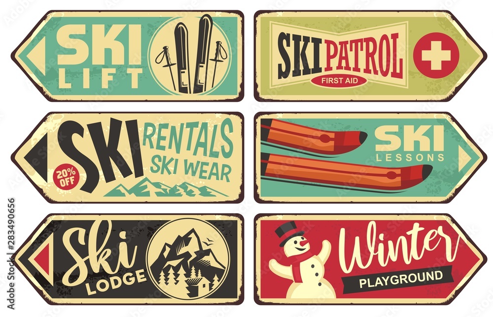 Ski and winter holiday retro signs collection. Vintage vector ...