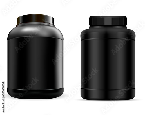 Whey Protein Container. Black Protein Jar. Vector Supplement Can. 3d Plastic Tub for Powder during Workout. Muscle Bcaa Gainer. Sport Nutrition Product Packaging. Bodybuilding Nutrient Canister