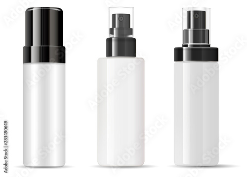 Spray Bottle Cosmetic Package Mockup. Plastic Container Blank with Mist Cap. Perfume Deodorant Product without label. Empty Round 3d Design for Aerosol Merchandise Presentation. Cosmetics Dispenser