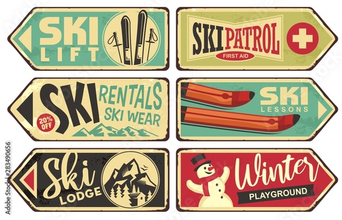 Ski and winter holiday retro signs collection. Vintage vector illustration with winter vacation and snow sports theme.