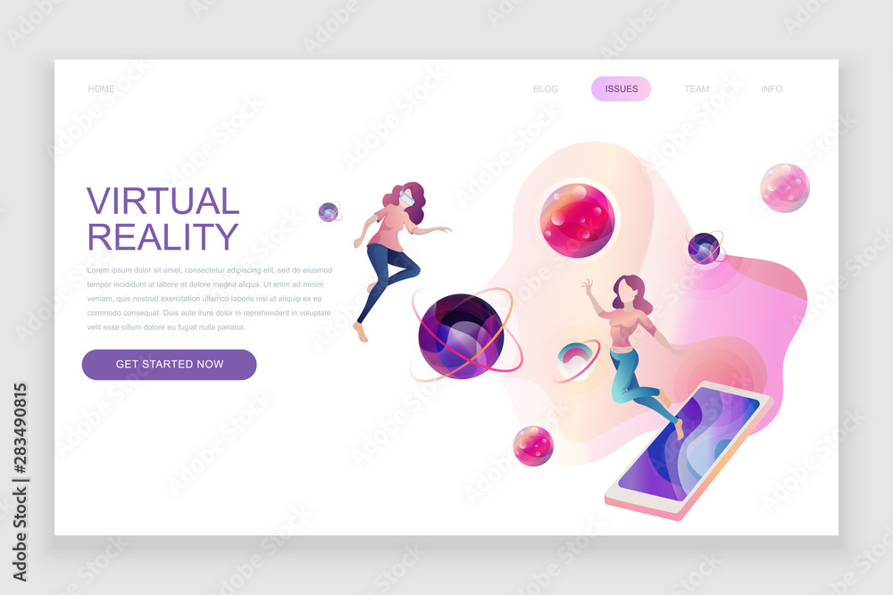 Modern flat web page design template concept of Virtual Augmented Reality decorated people character for website and mobile website development. Flat landing page template. Vector illustration. Modern flat web page design template concept of Virtual Augmented Reality decorated people character for website and mobile website development. Flat landing page template. Vector illustration.