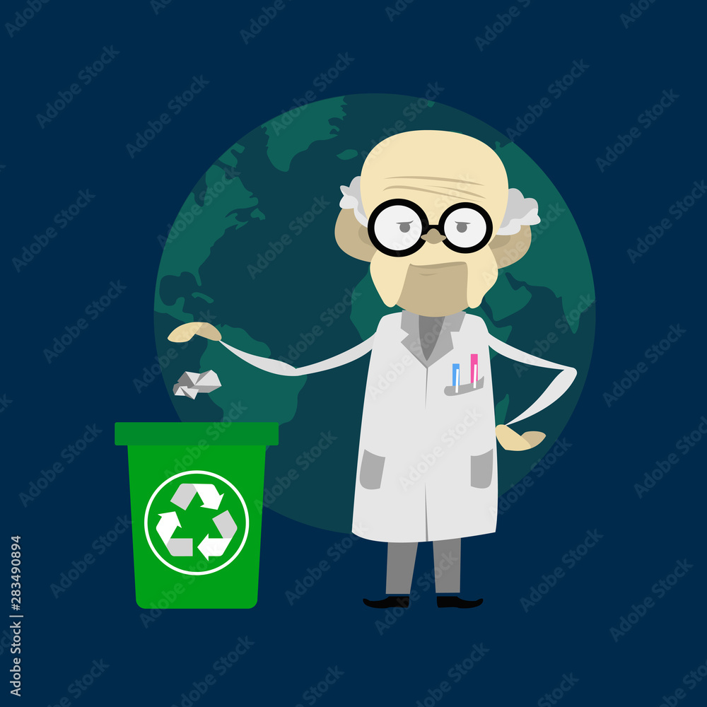 old scientist with glasses and a robe teaches planet protection. Sign waste reduction. Protecting and cleaning the planet from debris old scientist with glasses and a robe teaches planet protection. Sign waste reduction. Protecting and cleaning the planet from debris