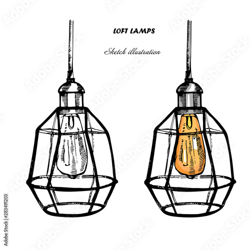 Hand drawn geometric loft lamps and iron lampshade.Modern ceiling lights in industrial style.Sketch illustration