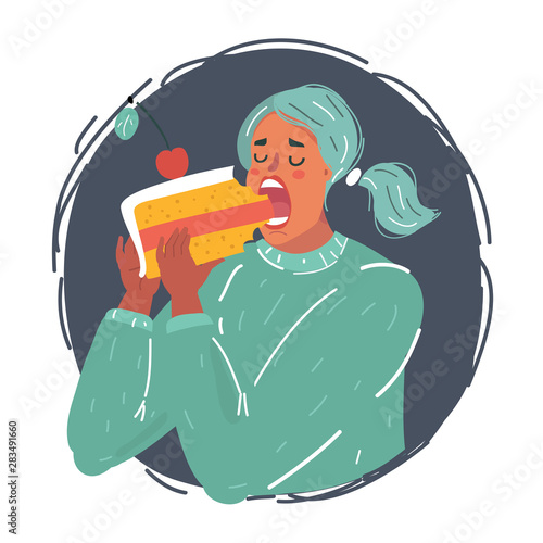 Woman eat big peace of cake.