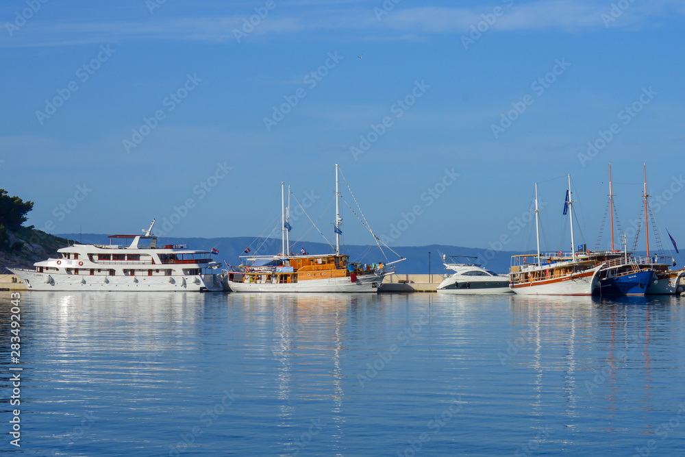 Docked ships in marina in Makarska, Croatia on June 17, 2019.