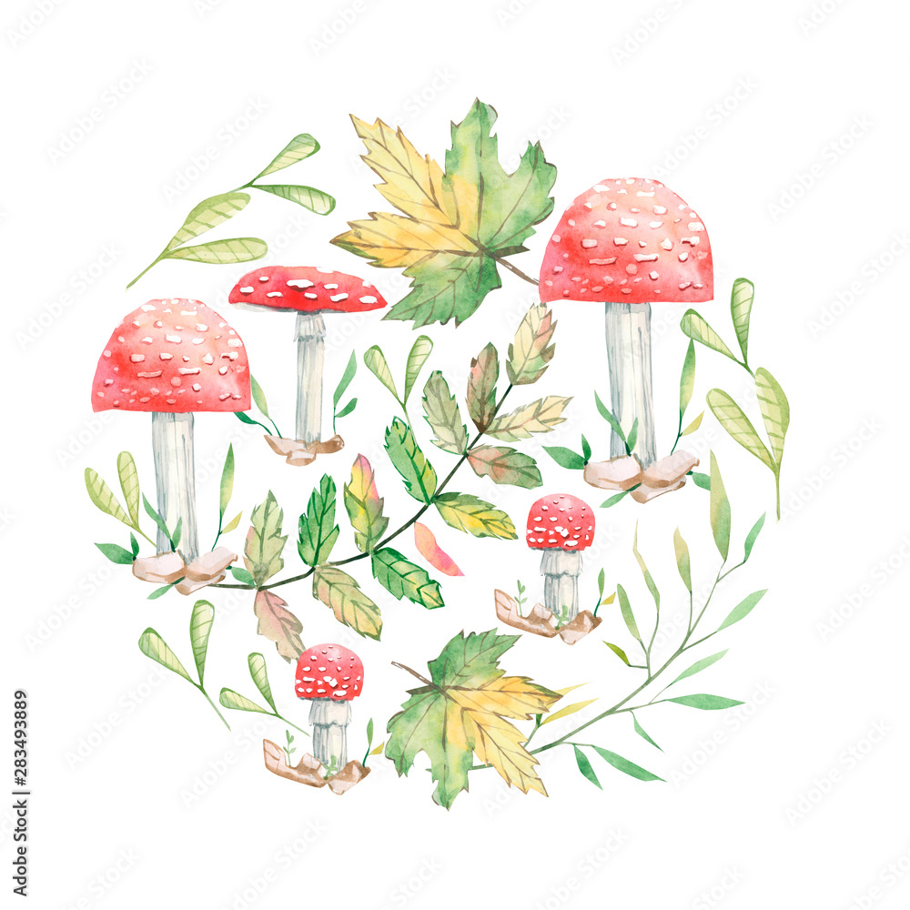 Watercolor fall card with leaves, branches and mushrooms isolated on ...