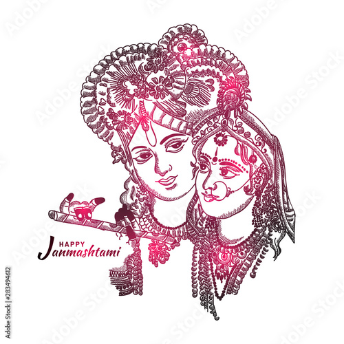 Happy Janmashtami festival holiday - Lord Krishna playing bansuri (flute) with Radha rani, Hand Drawn Sketch Vector illustration.