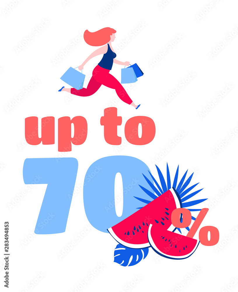 Woman running purchase buy paper bags. Up to 70 percents spesial offer Woman running purchase buy paper bags. Up to 70 percents spesial offer