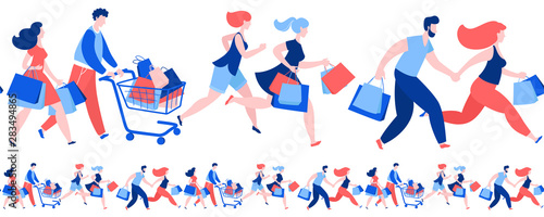 Women men crowd running purchase buy paper bags . Summer sale discount black friday start .