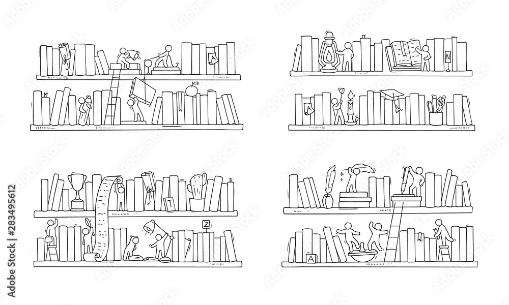 Set sketch of people teamwork, books,