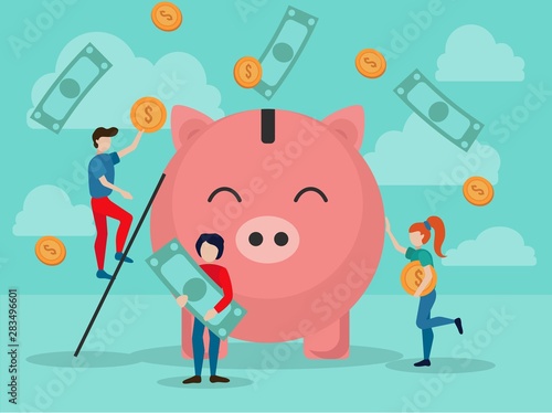 Money donation poster vector illustration. Small hardworking volunteers throwing big golden coins and banknotes to piggy bank flat style design. Help to needy and poor people concept