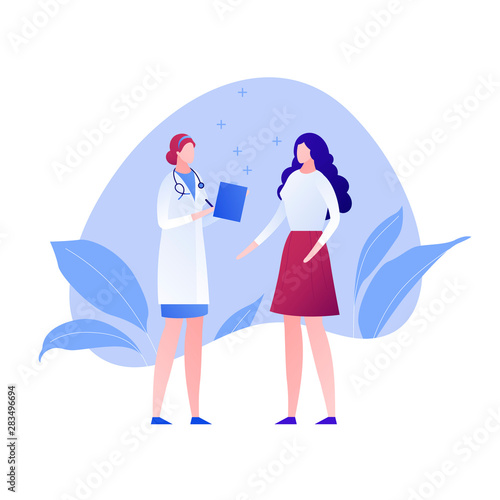 Vector modern flat doctor and patient character illustration. Female medic and woman on memphis amoeba background on white Design element for gynecology, banner, poster, infographics, hospital, clinic