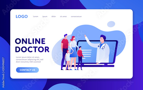 Vector modern flat online doctor banner template. Laptop with doctor and family characters on white background with fluid shapes. Design for web clinic, hospital, service, diagnostic, advertisment