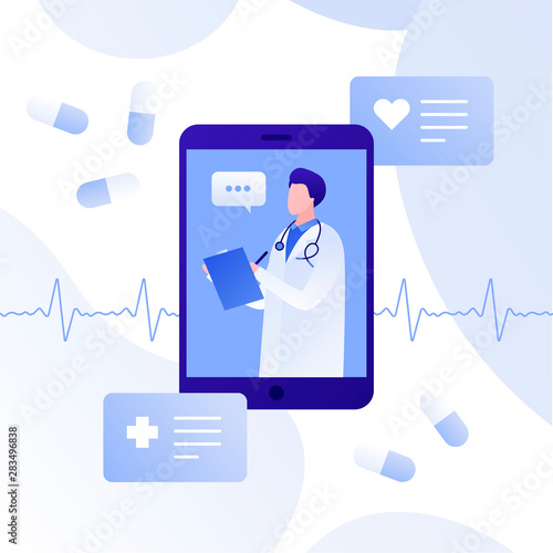 Vector modern flat online doctor illustration. Smartphone app with male doctor, pills and heart on white background. Design for web clinic, hospital, service, diagnostic, advertisment