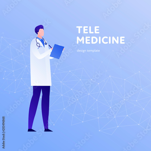 Vector modern flat online doctor banner template. Male doctor on blue low poly background. Design for web clinic, hospital, service, diagnostic, advertisment, telemedicine, biomedicine