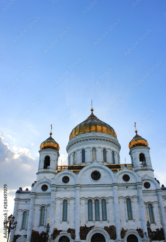 Cathedral of Christ the Saviour in Moscow, Russia vertical scenic image with empty blue sky background 