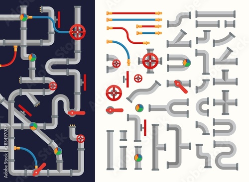 Complicated system of pipes set vector illustration. Massive ramified pipeline constructor with many different valves and faucets used to deliver hot and cold filtrated water flat style concept