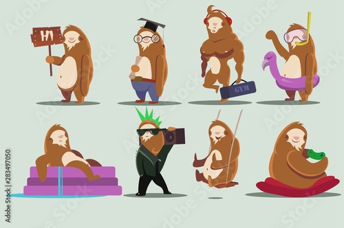 Sloth character set vector illustration. Big variety of animals of one kind acting as totally different people and showing diverse emotions. Isolated on white background