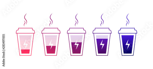 Vector modern flat coffee battery icon illustration set. Color mug with smoke and energy symbol isolated on white background. Concept of morning energy, charging drink. Design element