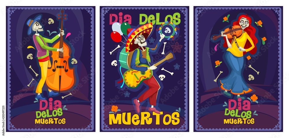 Dia de los muertos cards set vector illustration. Collection consist of greeting or invitation flyers with dancing, playing skeletons and lettering on blue background
