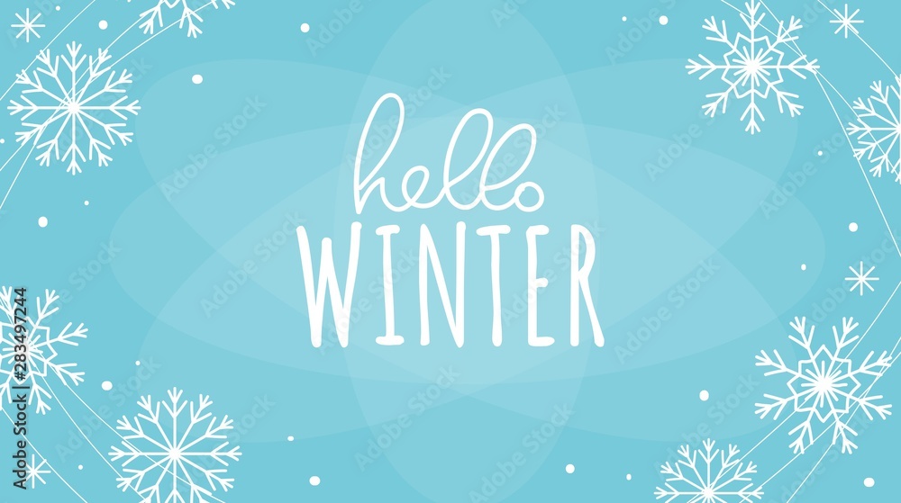 Hello winter greeting card vector illustration. Welcome phrase written in white font on blue snowflakes background flat style design for print, flyers, posters