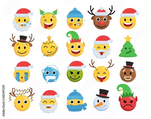 Christmas smile faces set vector illustration. Festive collection smiles characters emotions cold laughing showing tongue flat style concept. Isolated on white background