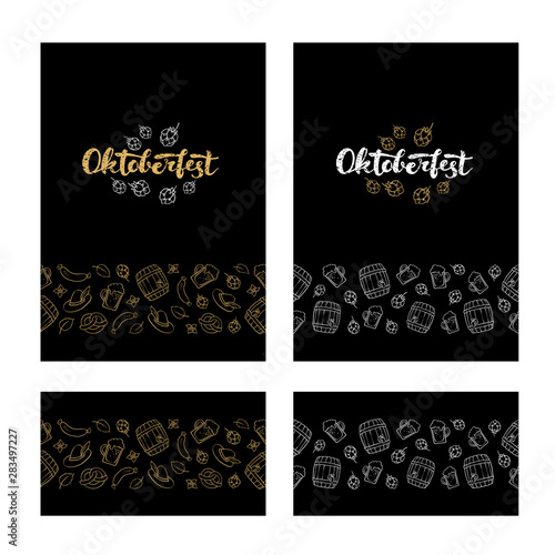 Vector oktoberfest banner template set. Grunge poster and border frame with holiday symbol bavarian retro style food and beverages icons. Design for card, invitation, beer menu, label, ad, event.