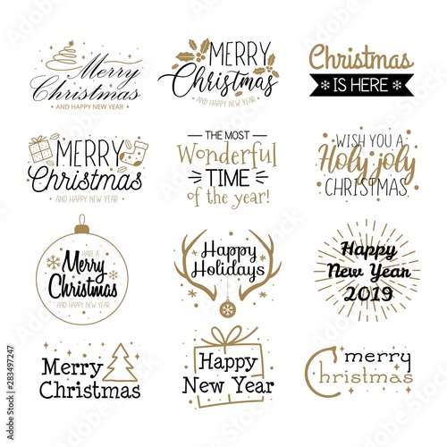 Merry christmas labels and greetings set vector illustration. Festive lettering written in black and golden font on white background flat style. Xmas eve concept