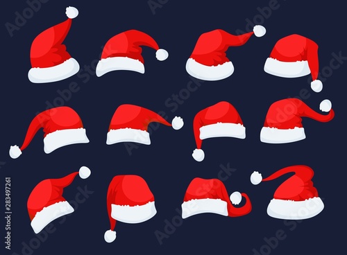 Santa Clause hats icons set vector illustration. Collection consists of festive red caps for greeting, invitation cards, web, print, banners flat style design. Xmas eve concept