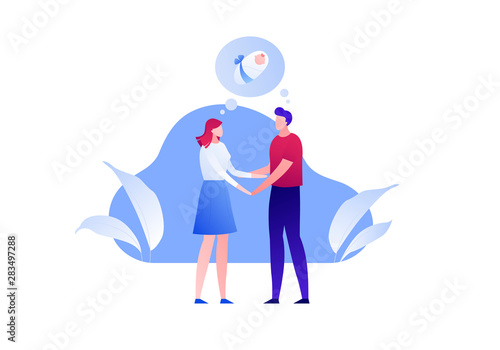 Vector modern flat couple character illustration. Female and man talking about child and pregnancy isolated on white background. Design element for banner, poster, infographic Concept of pregnant news
