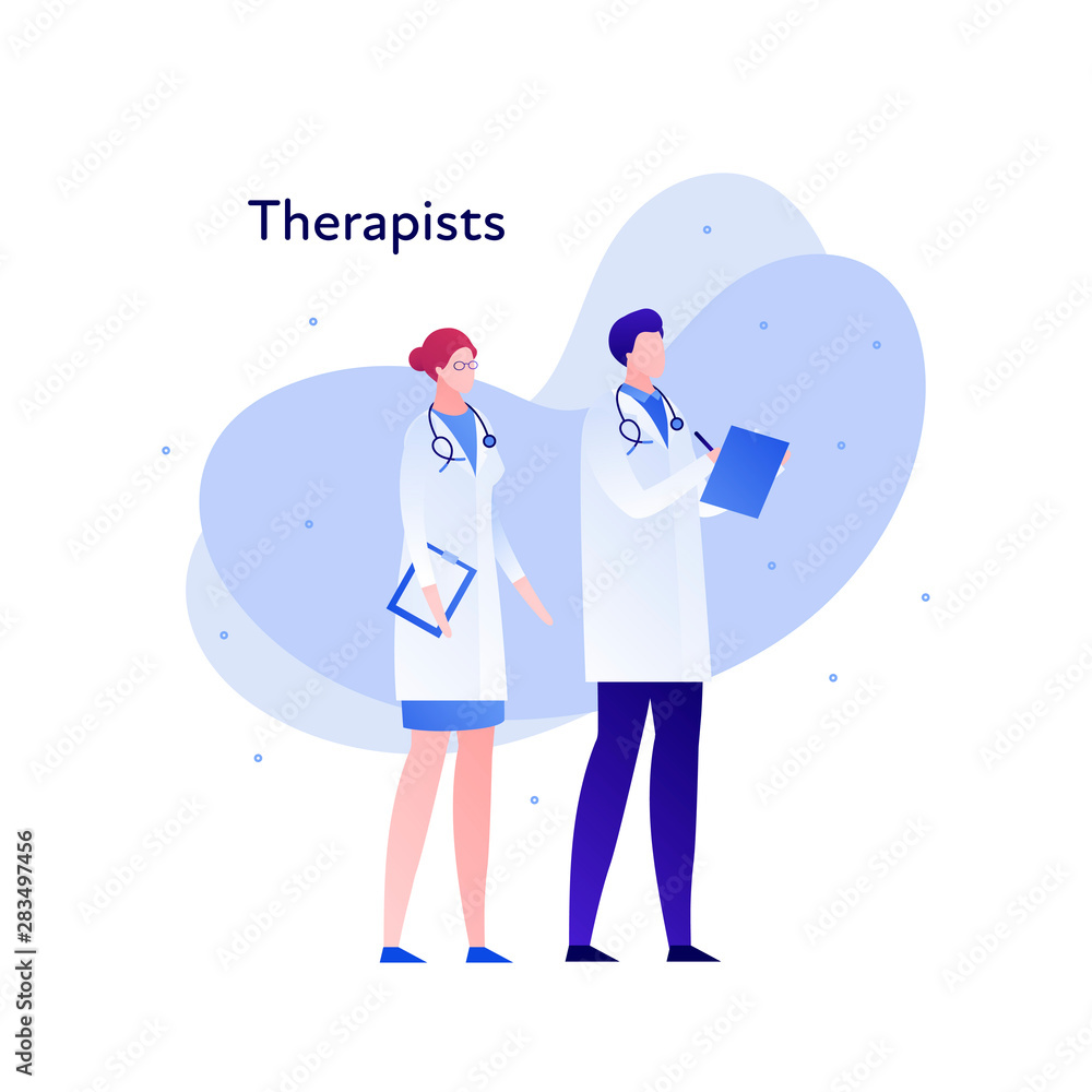 Vector modern flat doctor character illustration. Couple of male female therapist on memphis amoeba background on white. Design element for medical banner, poster, infographics, hospital, clinic Vector modern flat doctor character illustration. Couple of male female therapist on memphis amoeba background on white. Design element for medical banner, poster, infographics, hospital, clinic