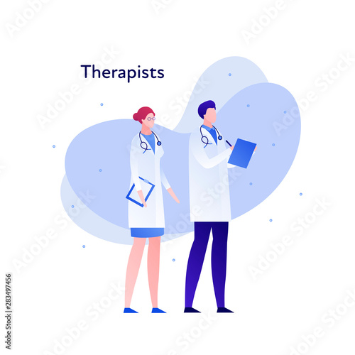 Vector modern flat doctor character illustration. Couple of male female therapist on memphis amoeba background on white. Design element for medical banner, poster, infographics, hospital, clinic