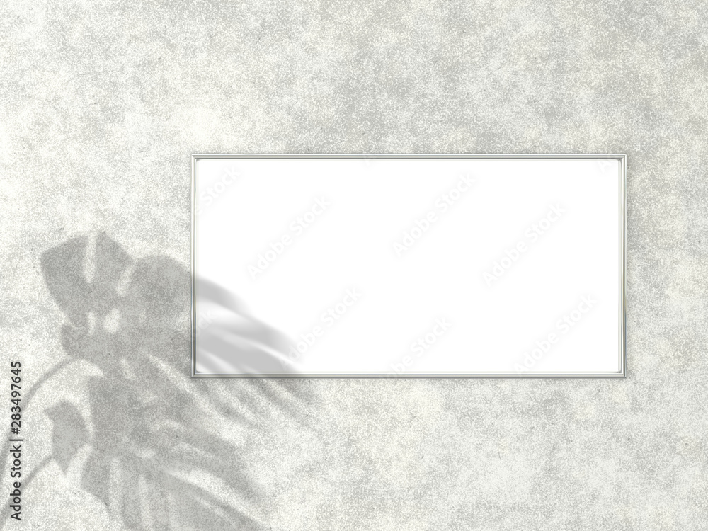 1x2 horizontal Chrome frame for photo or picture mockup on concrete background with shadow of monstera leaves. 3D rendering. 1x2 horizontal Chrome frame for photo or picture mockup on concrete background with shadow of monstera leaves. 3D rendering.