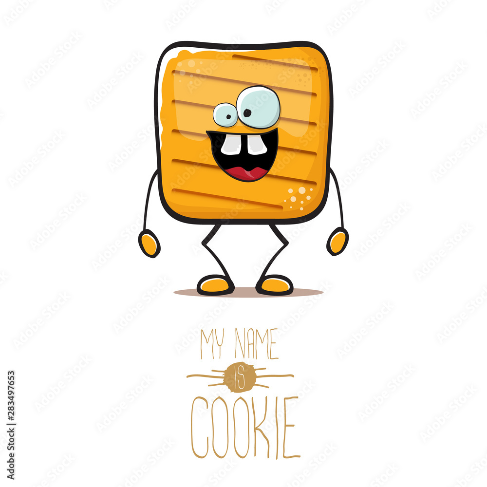 vector funny hand drawn square cracker homemade chip cookie character isolated on white background. My name is cookie concept illustration. funky food character or bakery label mascot